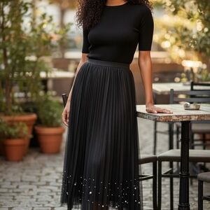 DR2 Black Pleated Maxi Skirt with Pearl Embellishments